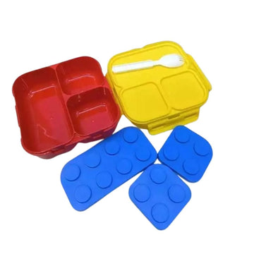Tupper infantil tipo bloques con divisiones y cubiertos