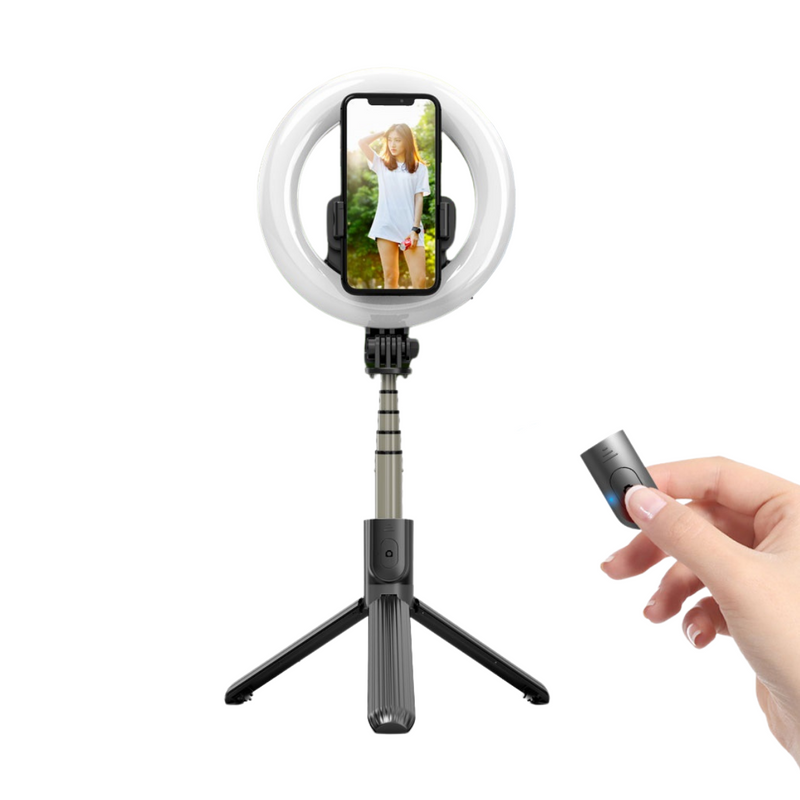 Trípode y Palo Selfie con Aro LED a Batería + Control Remoto Bluetooth